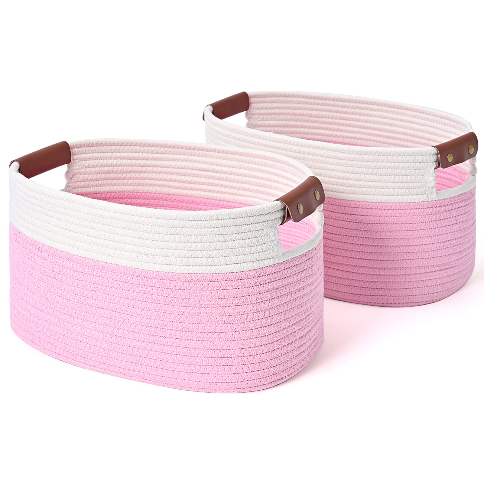 Ecdyqxvu Cotton Rope Storage Baskets,15X10X9 In,Collapsible Storage Bins, Decorative Woven Basket Cube Storage Organizer For Laundry, Towel, Clothes (White/Pink-2Pack, 15X10X9 Inches)